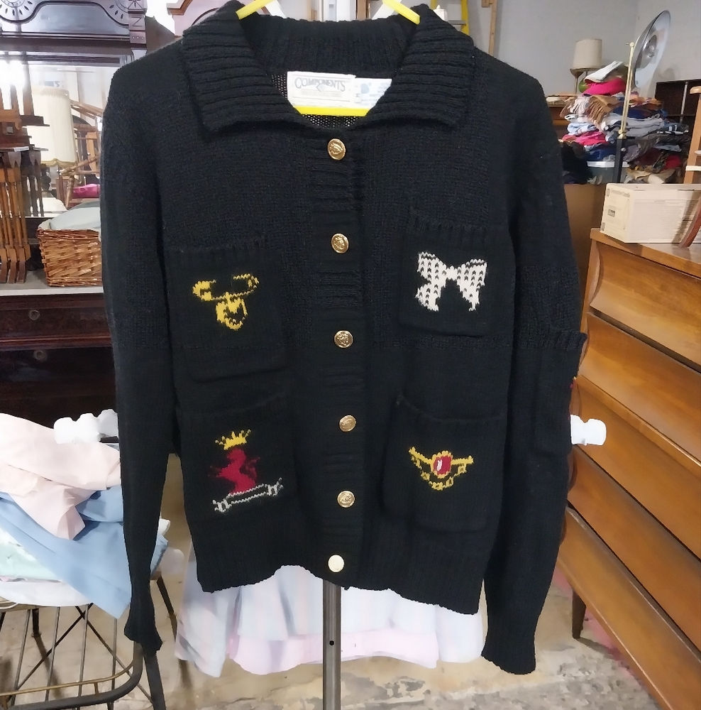 Components By Susan Bristol Black Cardigan Sweater with Embroidered Patches